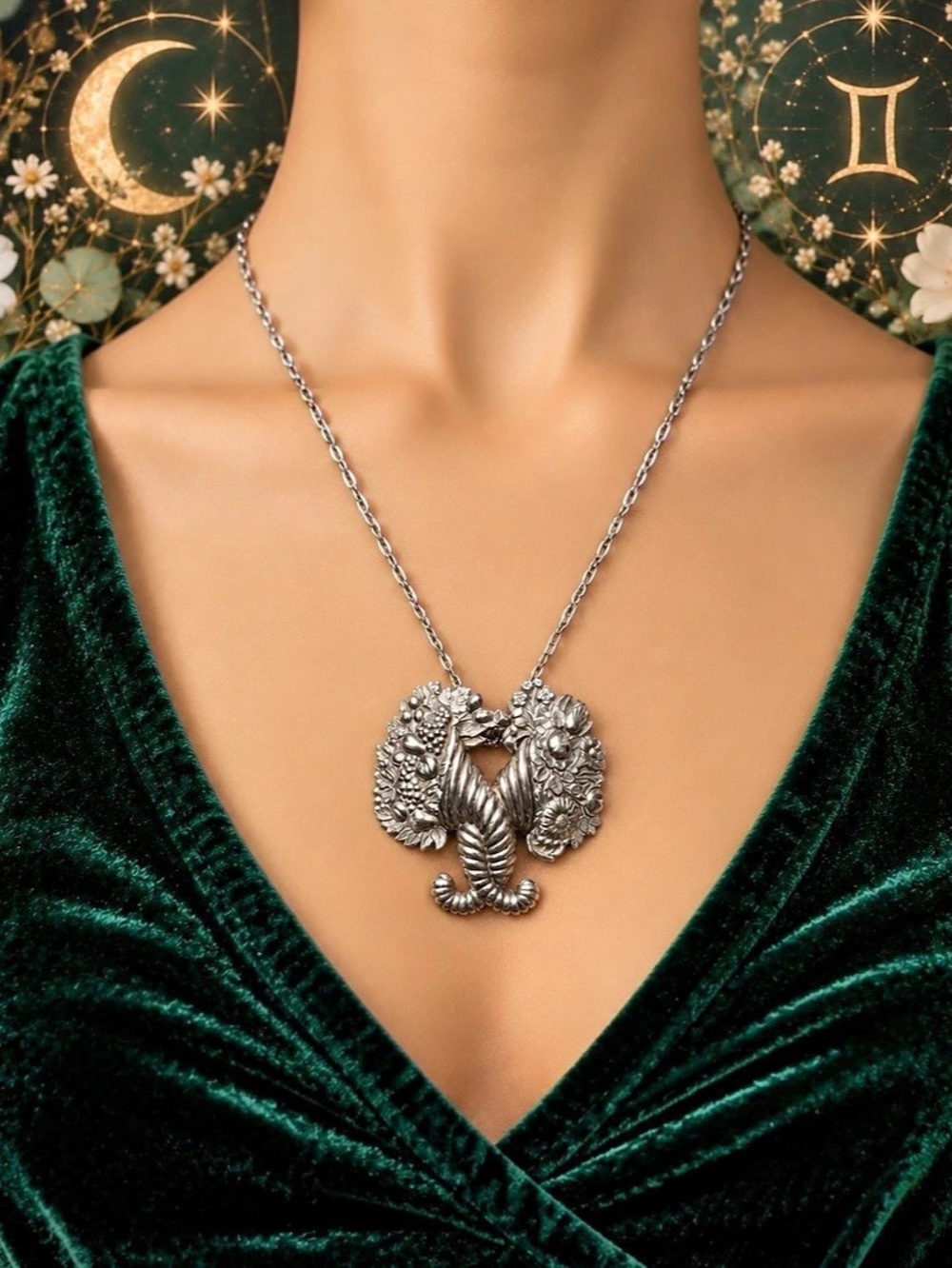 Pendant 925 Sterling Silver Floral Cornucopia Gemini